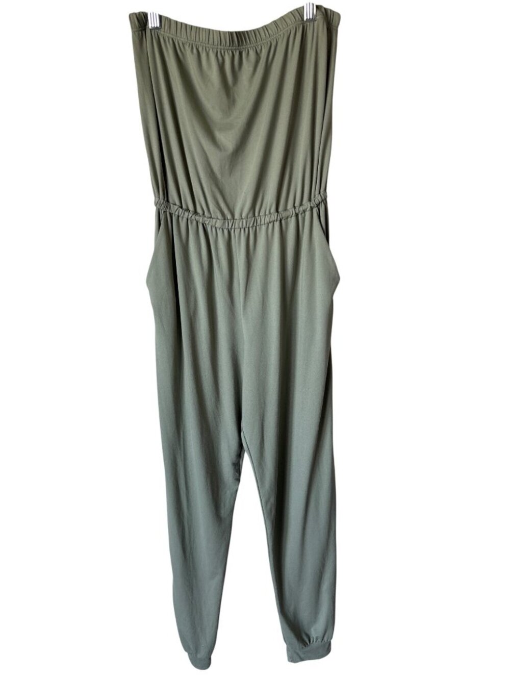 The Nines Jumpsuit Small Strapless Elastic Waist Pockets Polyester Green Casual
